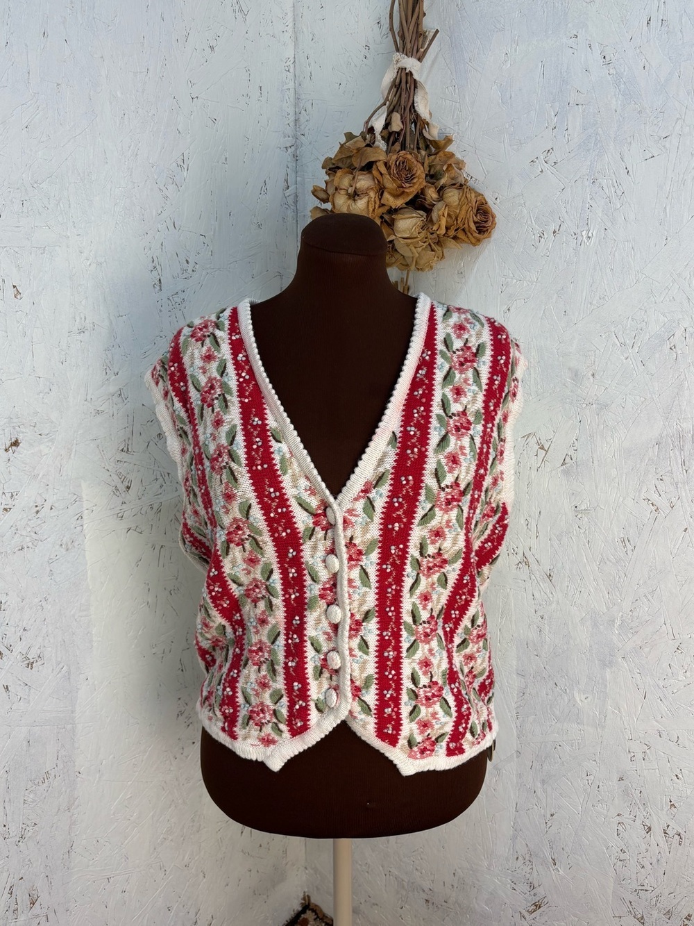 Vintage Susan Bristol Cottagecore Crunchy Knit Floral Pink Vest Size Large